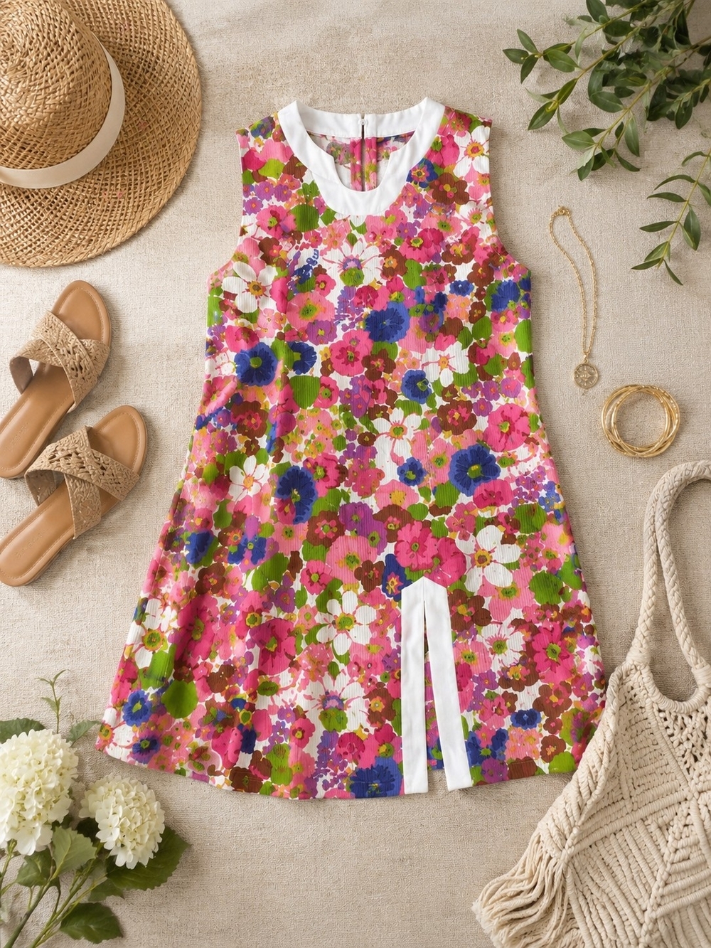 Vintage 1960s Mod Floral Shift Dress | Pink Psychedelic Flower Print Sleeveless - Picture 2 of 7